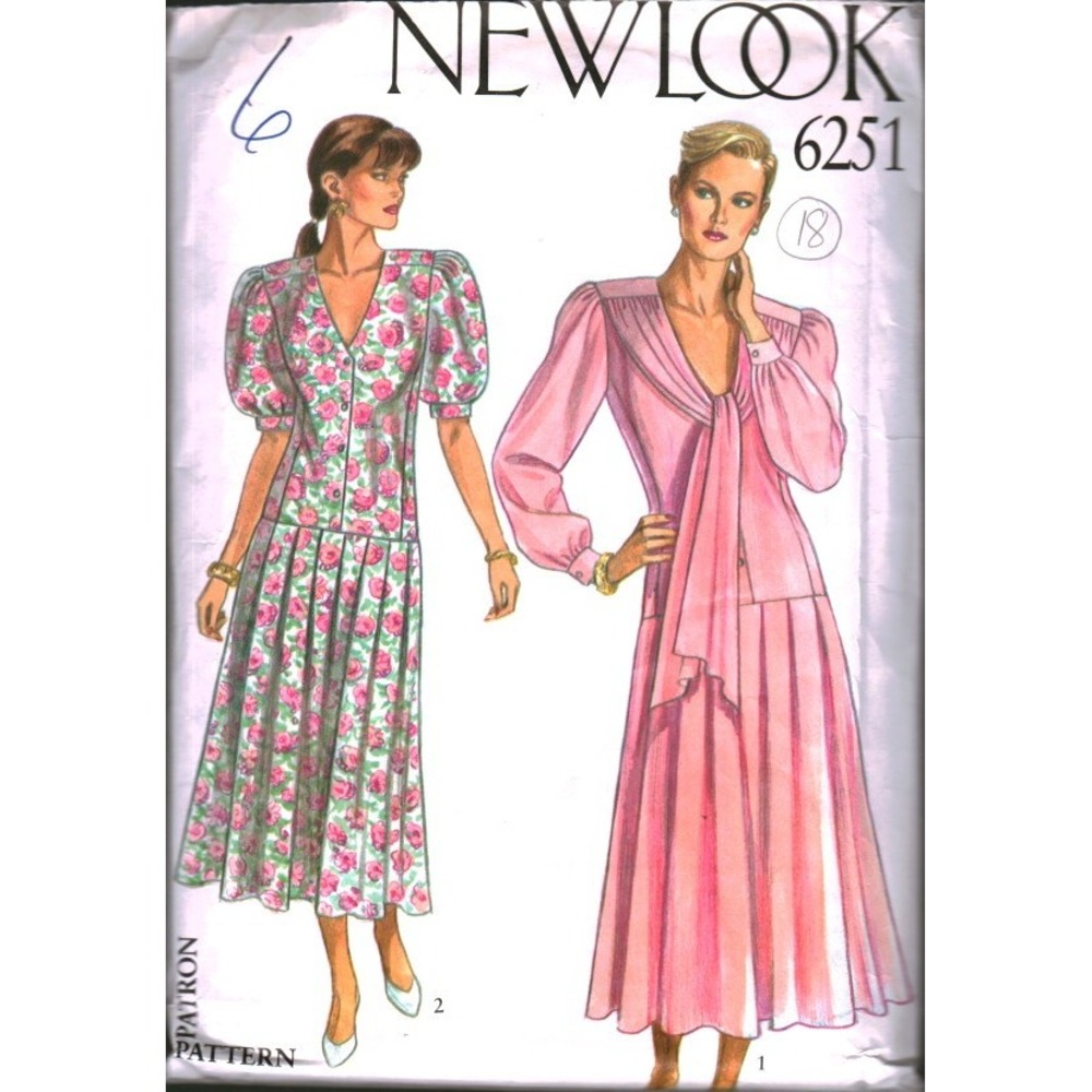 New Look 6251 Vintage Sewing Pattern Womens Dropped Waist Pleated Dress Sz 8-18